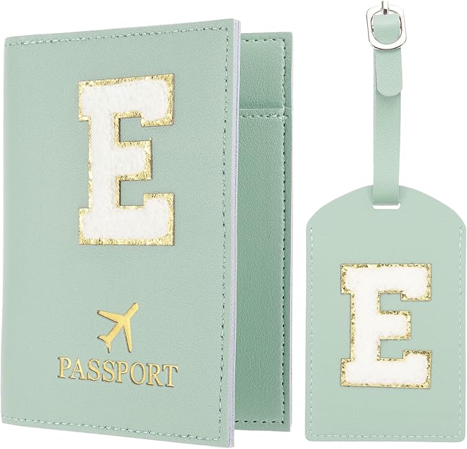 PATIKIL Passport Holder for Travel, Initial Passport Cover and Luggage Tag Set with Alphabet Chenille Letter Patch Travel Wallet Bag Suitcase Identifier for Women Family Travel Green E