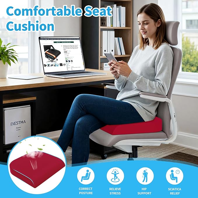 XLarge Seat Cushion, Memory Foam Cushion for Long Sitting Hours on Office Chair, Home & Car, Non-Slip Chair Pad for Relieving Back & Sciatica & Hip & Coccyx Pain (Red)