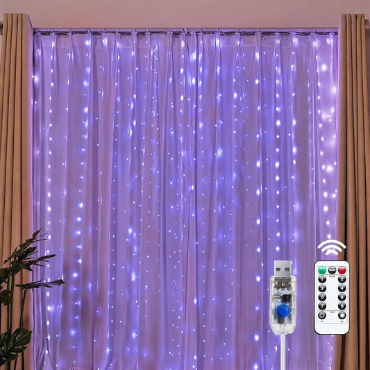 Brightown 300 LED Purple Fairy Curtain Lights, 9.8ft x 9.8ft String Lights | USB Plug in 8 Lighting Modes Halloween Christmas String Hanging Lights with Remote for Bedroom Indoor Outdoor Party Xmas