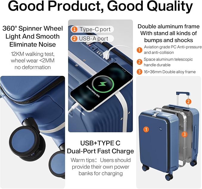mixi Large Checked Luggage with Cup Phone Holder and Charger Hard Shell Suitcases with Spinner Wheels, 26 Inch Sapphire Blue