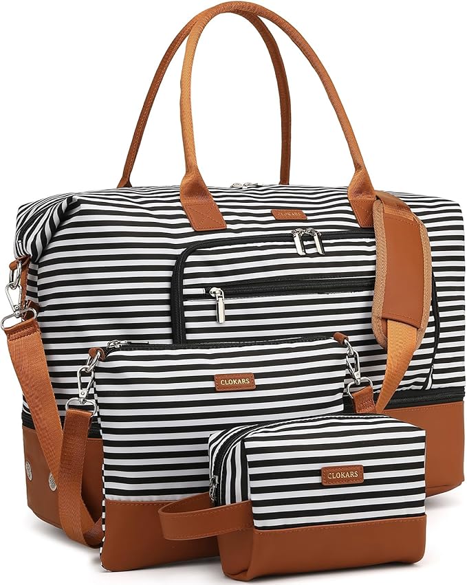Duffle Bag for Women Travel, Weekender Bag Overnight Bag with Shoe Compartment, Carry on Bag with Crossbody Purse for Over Night, Weekend, Yoga, Gym, Business Trips, Hospital, Black Strip