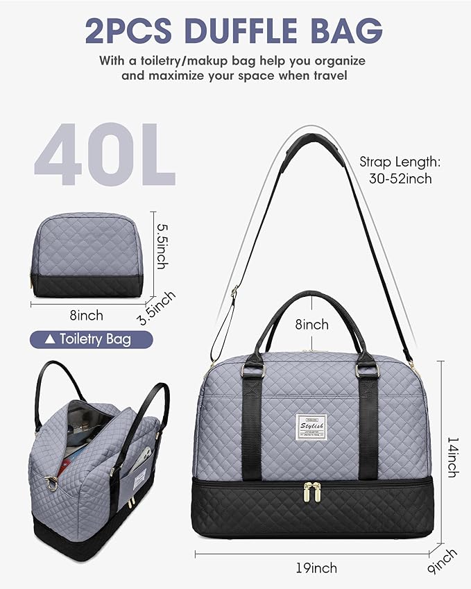 Weekender Bags for Women Travel Bag- Duffle Bags with Shoe Compartment Large Carry On Overnight Bag with Toiletry Bag & Wet Pocket for Women Labor Delivery Grey Black
