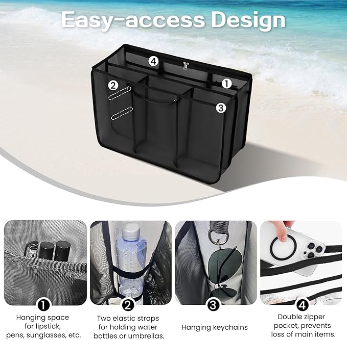 XYFuuee Beach Bag Organizer Inserts for Baby Medium Bogg Bag Accessories with 8 Removable Metal Fasteners, Lightweight Mesh Insert Divider Pouch, Organizing Rubber Tote, Save Storage Space, Black M