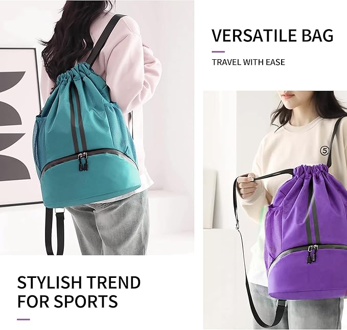 Drawstring Backpack Gym Bag with Shoes Compartment for Soccer, Basketball, Swim, Water-Resistant String Backpack Beach Cinch for Women Men, Purple