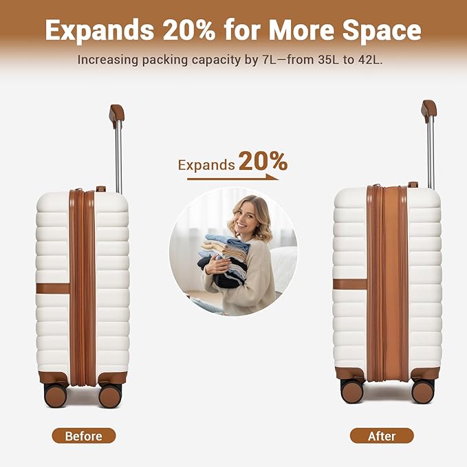 Kono Expandable Carry On Luggage 22x14x9 Airline Approved with Spinner Wheels, 20 Inch Impact-Resistant PC+ABS Hardshell Rolling Suitcase Travel Luggage with Lock, White/Brown