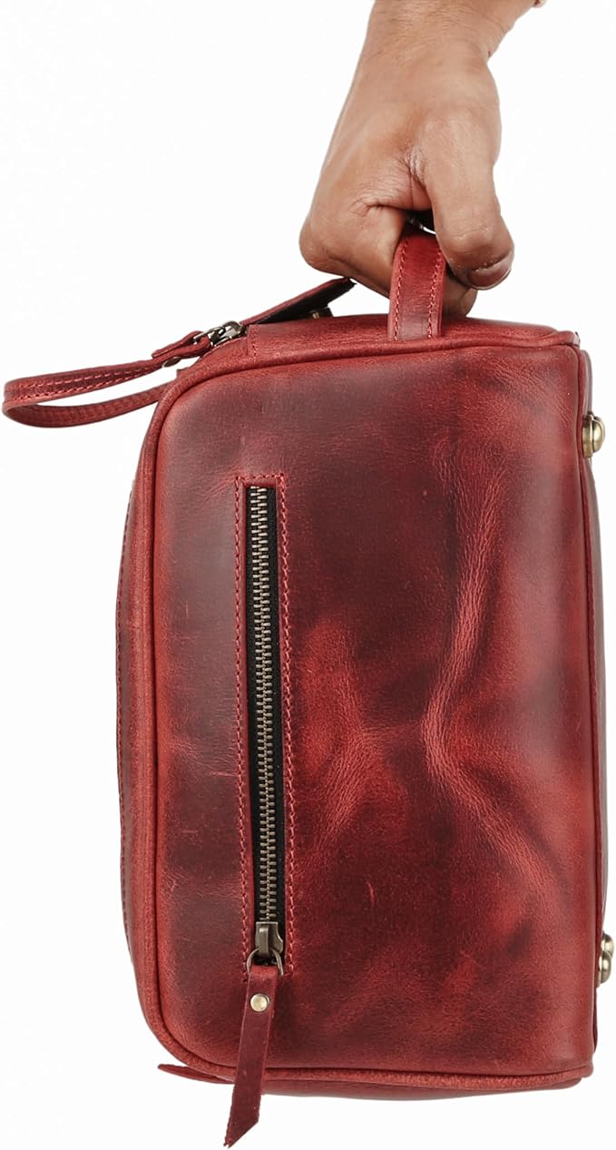 KomalC Leather Toiletry Bag for Men & Women – Handcrafted Travel Grooming Kit with Water-Resistant Lining and Secure Zipper Closure