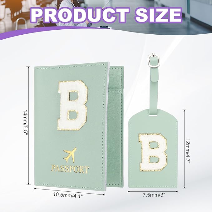 PATIKIL Passport Holder for Travel, Initial Passport Cover and Luggage Tag Set with Alphabet Chenille Letter Patch Travel Wallet Bag Suitcase Identifier for Women Family Travel Green B
