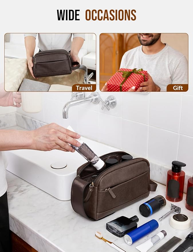 PU Leather Toiletry Bag for Men - Water Resistant Travel Bag for Toiletries, Bathroom Essentials, Accessories - Dark Brown