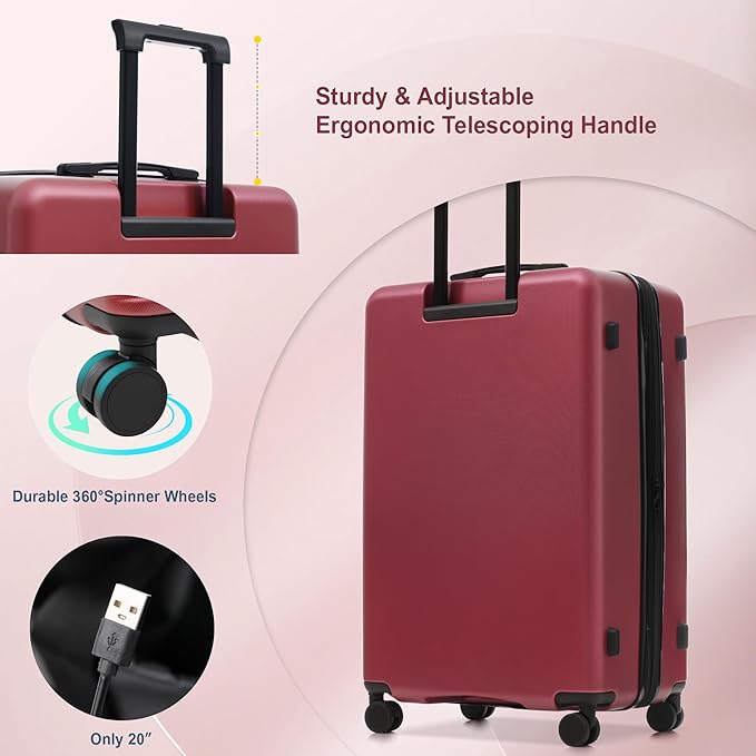 Merax Luggage Sets 5 Piece Front Open, Hardside 20" Carry On Suitcase Set with USB Port,Lightweight Expandable Travel 24" 28" Luggage with Bags TSA Locks Double Spinner Wheels,Red