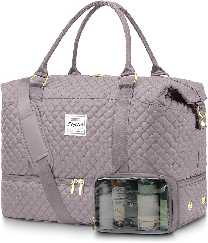 Women Weekender Travel Duffle Bag: Travel Duffel Overnight Bags with Shoe Compartment Carry on Tote Bags Toiletry Bag Weekend Yoga Gym Hospital Bags for Labor and Delivery with Wet Pocket Purple Grey