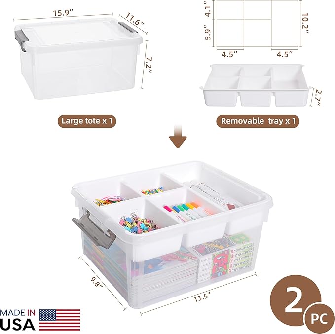 Citylife 17 QT Plastic Storage Box with Removable Tray Craft Organizers and Storage Clear Storage Container for Organizing Bead, Tool, Sewing, Playdoh, 2 Packs