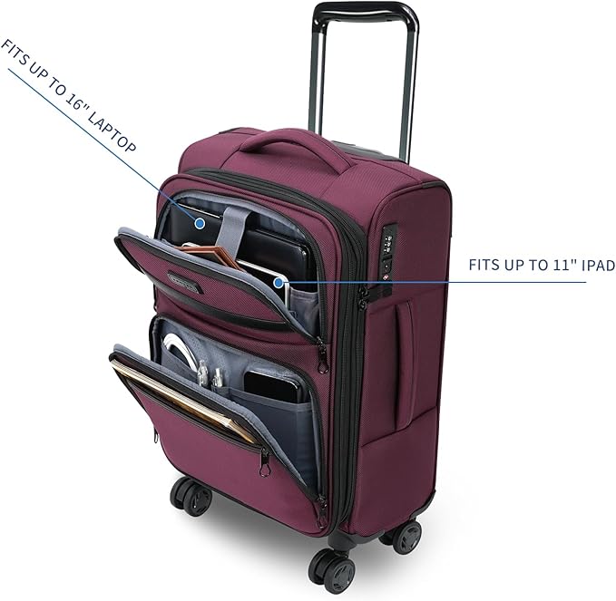 KROSER Softside Expandable Carry On Luggage with Front Business Pockets，20 Inch Suitcases with Spinner Wheels & Built-in TSA Lock, Durable Suitcase Rolling Luggage with USB Port, Burgundy