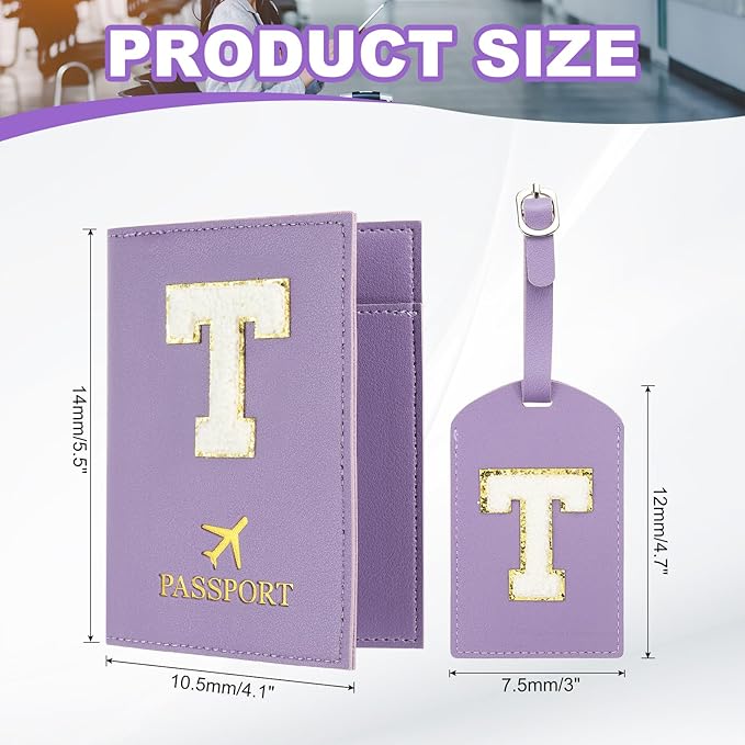 PATIKIL Passport Holder for Travel, Initial Passport Cover and Luggage Tag Set with Alphabet Chenille Letter Patch Travel Wallet Bag Suitcase Identifier for Women Family Travel Purple T