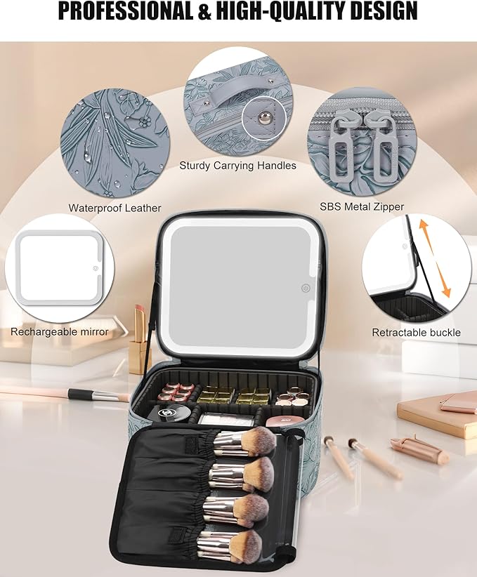 Relavel Travel Makeup Bag With LED Mirror for Women, Cosmetic Organizer Bag with Adjustable Brightness in 3 Color Scenarios, Detachable Dividers, Waterproof Train Case for Daily - Dark Blue FLowers