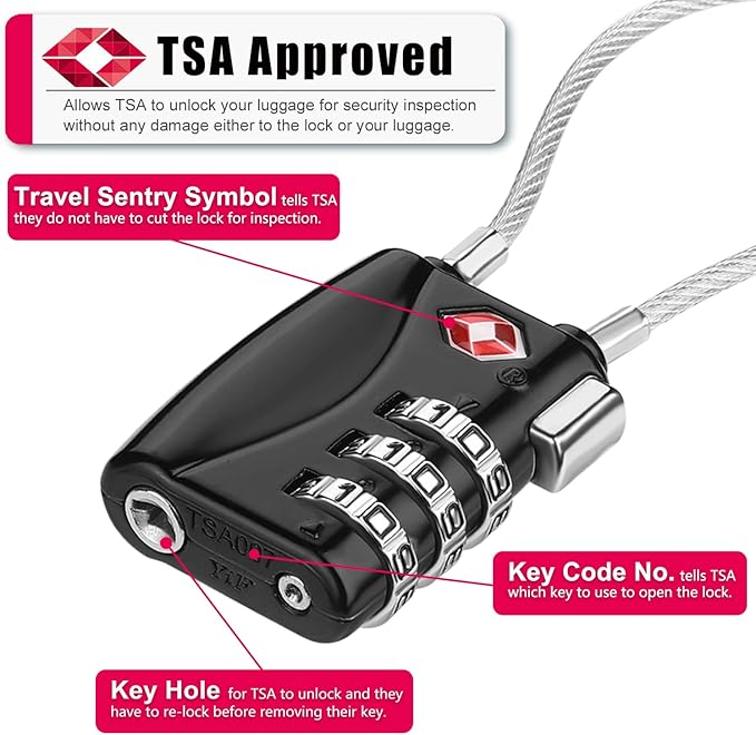 ZHEGE TSA Wire Lock 2 Pack Cable Luggage Lock with Alloy Body for Suitcase, Baggage, Backpack, Pistol Case (Black & Silver)