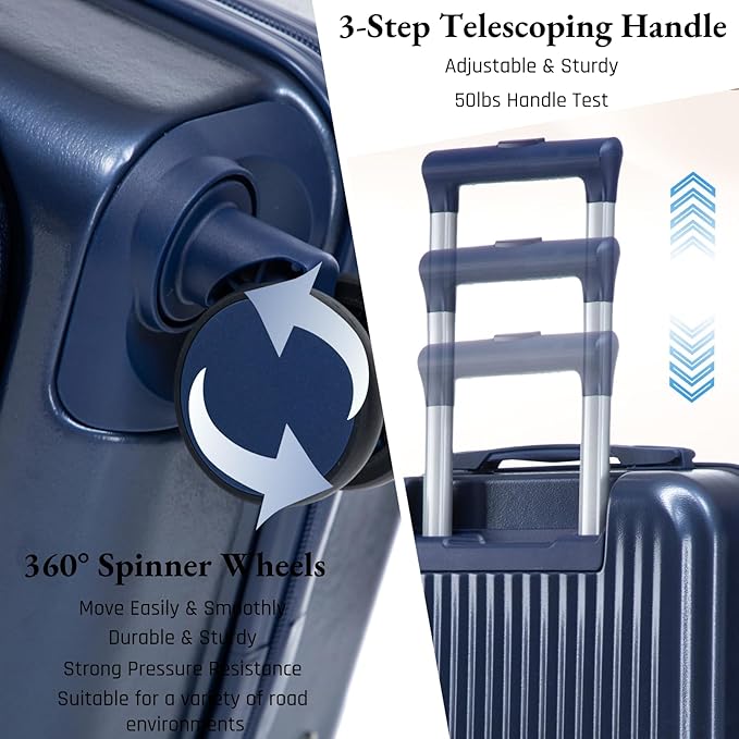 2 Pcs ABS Spinner Luggage Set - 14" Cosmetic Case & 20" Carry-On with Combination Lock, Front Opening Design, Navy Blue