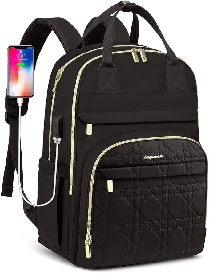 Laptop Backpack for Women Work Bag - 15.6 inch Travel Backpack Purse with USB Charger College Bookbag Waterproof Cute Casual Daypack Fashion Business Computer Backpacks for Teacher Nurse Black