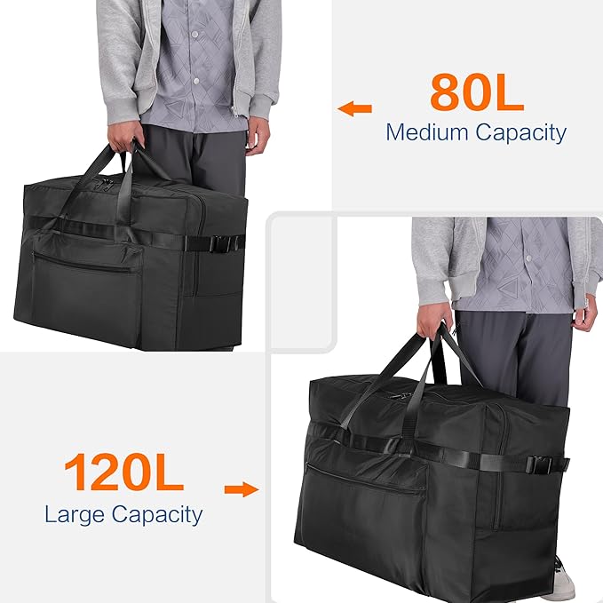 Hafmall 80L Foldable Duffel Bag for Travel, Waterproof Weekend Overnight Bag, Large Collapsible Storage Bag for Moving, Camping (Black)