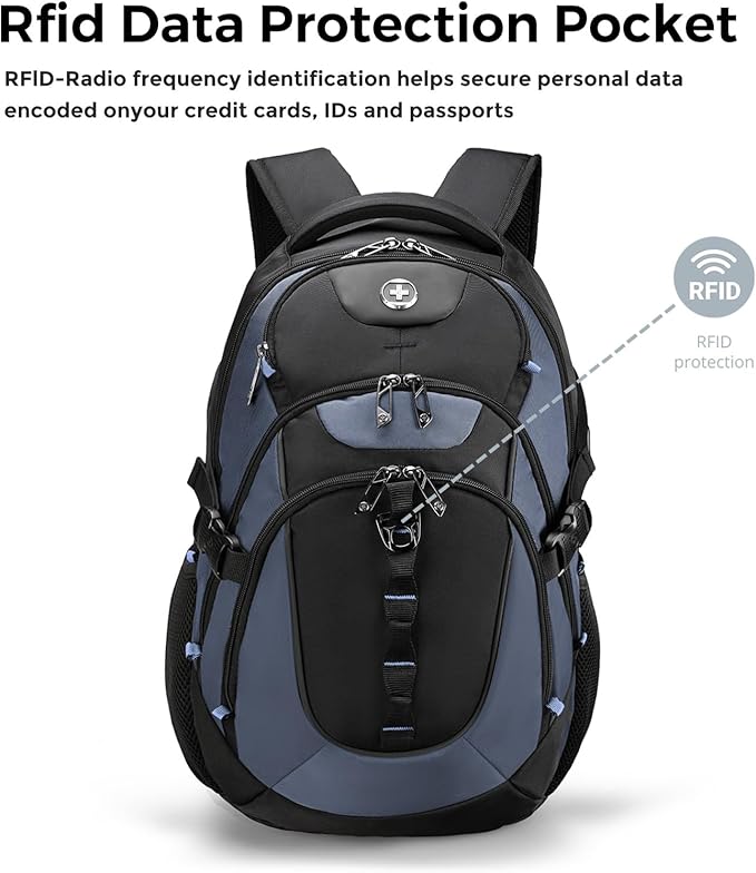 Swissdigital Design Laptop Backpack with USB Charging Port, Travel Backpack Fits 15.6 inches Computer, 31L College School Backpack for Men, Haze Blue/Black | SD803-16