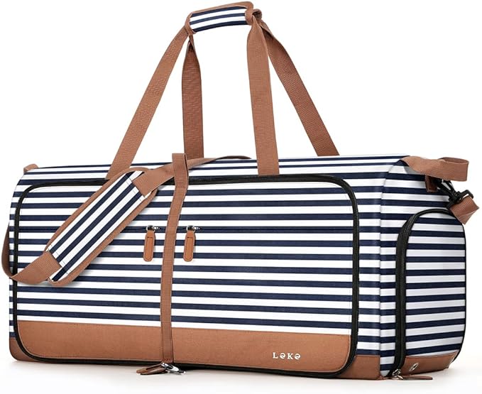 Lekesky Foldable Travel Duffle Bag for Women, 80L Large Duffel Bag with Separate Shoes Compartments & Straps, Carry On Weekend Bag for Women, Hospital, Overnight (Blue Stripes)