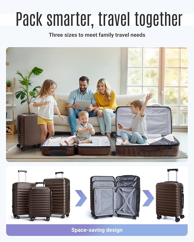 LIGHT FLIGHT Luggage Sets, 3 Piece Durable Suitcase Set with Spinner Wheels, 3 Pcs Hard Shell Lightweight Luggage with TSA Lock, Large Checked Travel Suitcases, 20/24/28 Inch,Brown