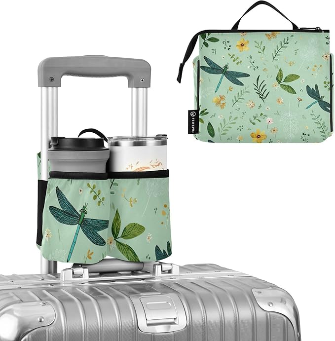 Green Dragonflies Flowers Leaves Luggage Cup Holder Travel Portable Free Hand Drink Carrier Suitcase Drinks Beverage Holder Carry-On Bottle Mug Holder Organizer Bag Travelers Accessories