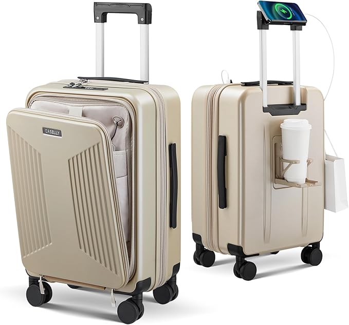 Carry on Luggage Top opening Suitcases, Expandable with Cup Holder and USB Charging Port,Lightweight with Front Pocket Rolling Suitcases with Spinner Wheels