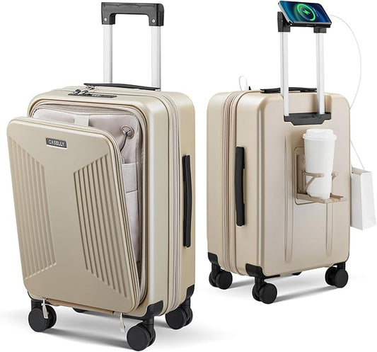 Carry on Luggage Top opening Suitcases, Expandable with Cup Holder and USB Charging Port,Lightweight with Front Pocket Rolling Suitcases with Spinner Wheels
