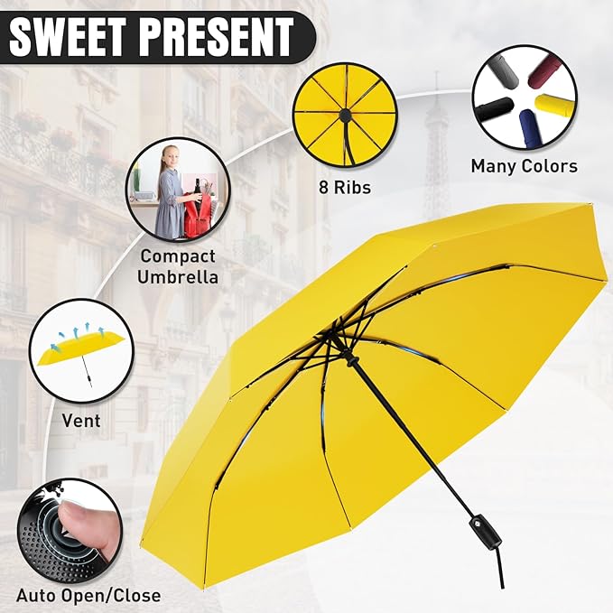 Windproof Travel Umbrella, Compact Umbrella, Car Umbrellas for Rain & Sun, 8 Fiberglass Ribs for Strong UV & Wind Resistance, Portable, Lightweight, Vent, Easy Automatic Open/Close