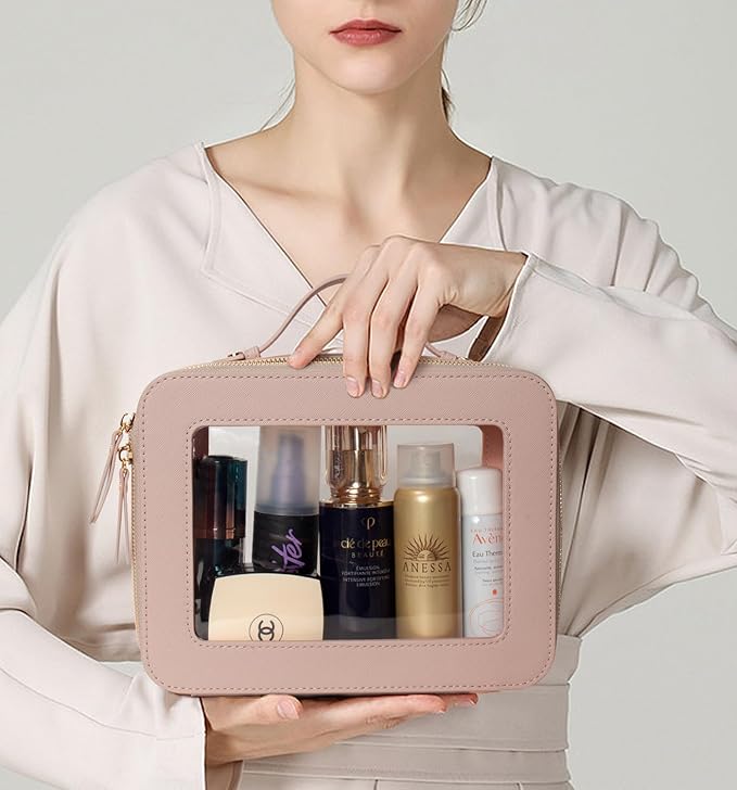 LETGO Clear Makeup Bag Organizer, Travel Toiletry Bag Cosmetic Case for Women, Portable Make Up Skincare Pouch Car Organizer Bag with Zippers for Essentials(Large-Nude)