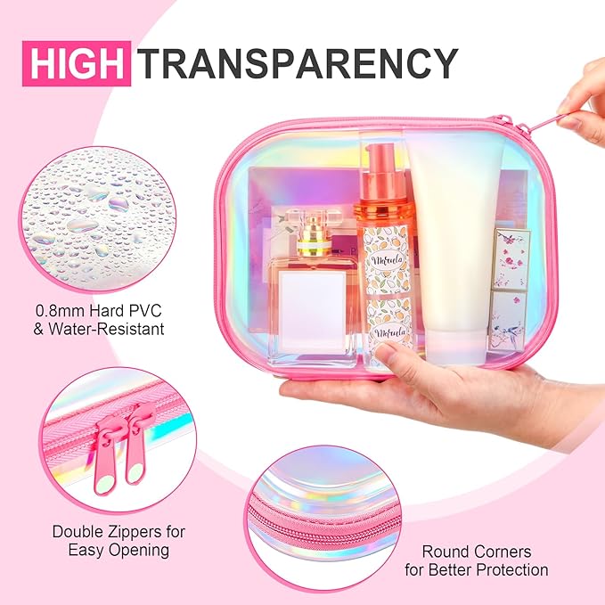 Sanwuta 6 Pcs Clear Hard Zipper Case Plastic Zipper Pouches Transparent Makeup Bag Pencil Case Pouches Toiletry Diaper Bag for Travel Toy Storage Organizer Bins(Holographic,7.87 x 5.9 x 2 Inch)