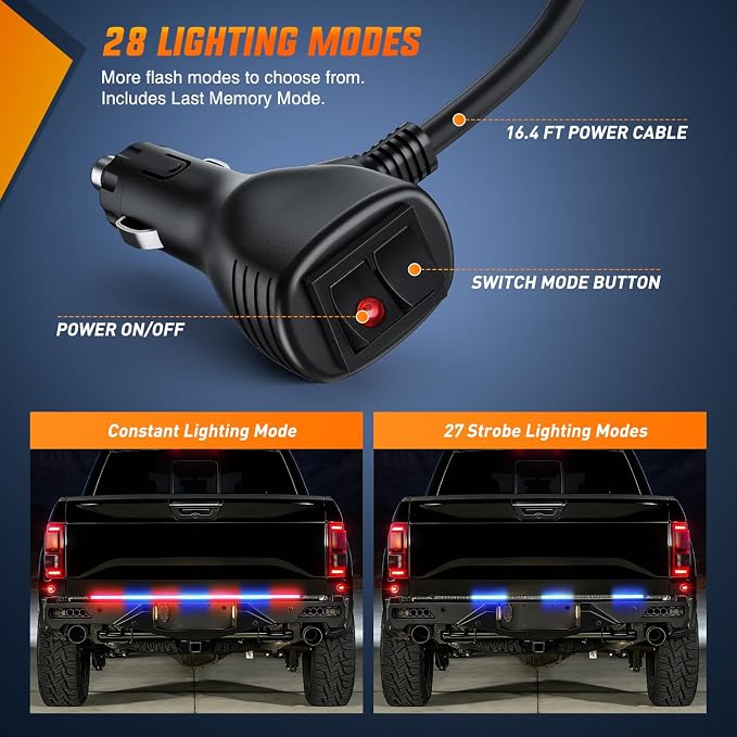 Nilight 60 Inch 360 LED Tailgate Strobe Light Strip Red Blue | 28 Light Modes Double Row Waterproof Warning Rear Window Lamp for Pickup, Trailers, Construction Vehicles, Car, SUV