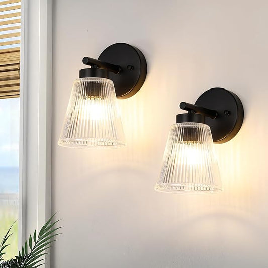 OCIOC Set of 2 Wall Sconces for Bathroom, Black Modern Vanity Light Fixtures with Striped Glass Shade, Mount Lighting Lanterns for Mirror, Living Room, Bedroom, Hallway, Farmhouse
