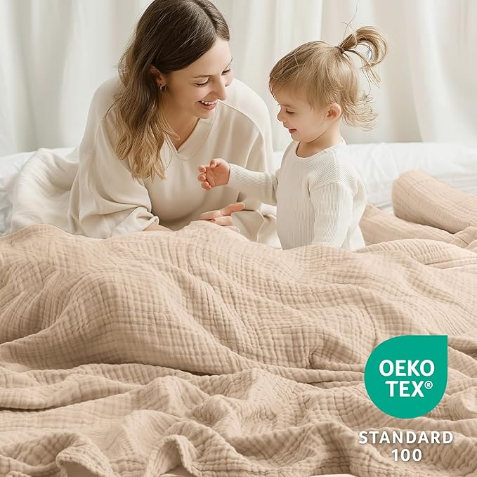 100% Cotton Blanket Large 50"x 70", 6 Layers Muslin Blankets, Cooling and Soft Throw Blanket for Bed and Couch, Breathable Quilt Bedspread, Gauze Bedding for Adults, Oatmeal, Beige Linen