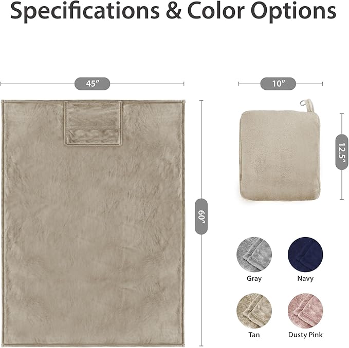 DEZ FURNISHINGS 4-in-1 Travel Compact Blanket Pillow Super Soft Velvet with Luggage Sleeve and Backpack Clip, Tan, 60" x 45"