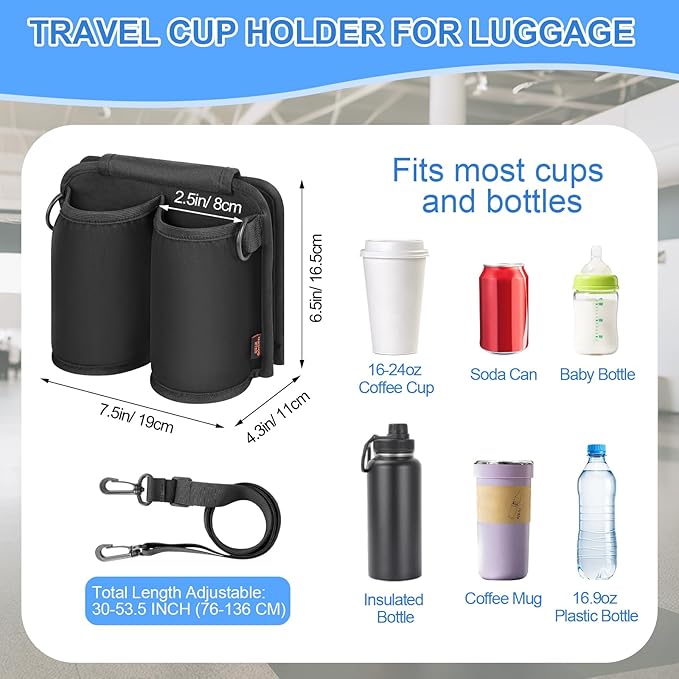 Desing Wish Luggage Cup Holder for Suitcases with Shoulder Strap Suitcase Cup Holder for Travel Luggage Drink Holder for Coffee Cups/Water Bottles/Soda Cans (Black)