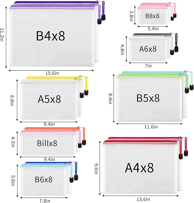 EOOUT 64pcs Mesh Zipper Pouch Bags, 8 Sizes Plastic Bags, 15 Colors Waterproof Pouches with Slide Fastener for Organization, Multipurpose for Travel, School Supplies, Office and Home Organization