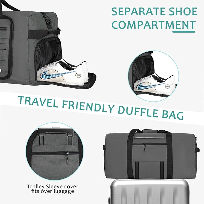 Foldable Travel Duffle Bag for Men Women, Waterproof with Shoe Compartment, 80L 120L Large Collapsible Luggage Bag, Lightweight Packable Duffel for Travel Sports Gym Airline Carry On Checked Bag