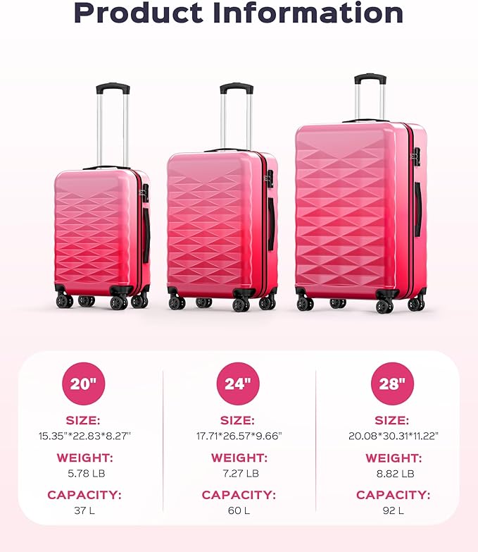 Suitour luggage sets 3 piece,Hardside Lightweight Suitcase Sets with Spinner Wheels & TSA lock,20/24/28 in Large Suitcase