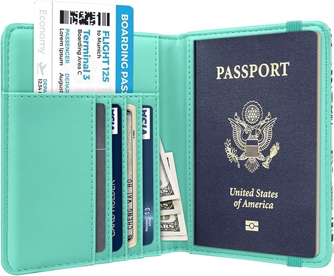 Passport Holder Cover, RFID Travel Wallet Credit Card Holder Green Cute Floral Passport Book Holders for Women with Elastic Band and Golden Metal Decoration, Green Daisy