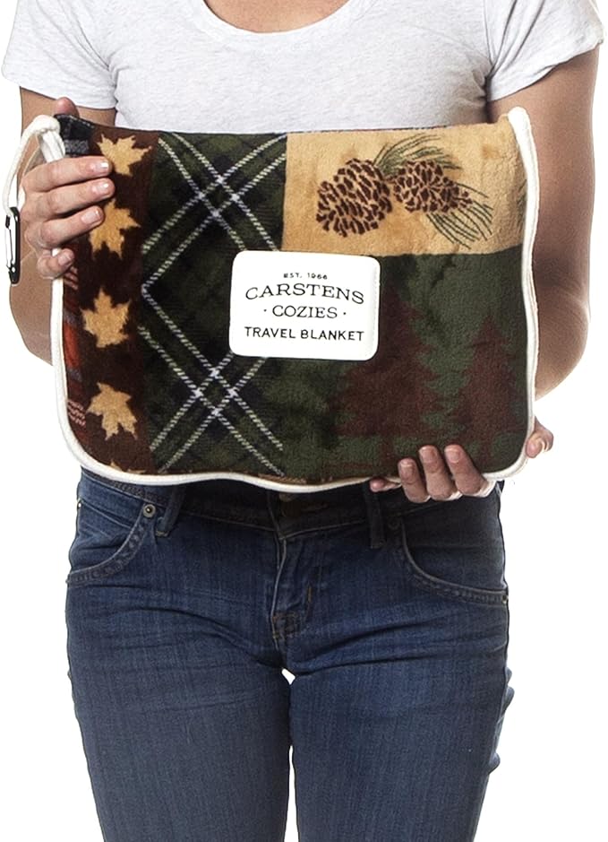 CARSTENS, INC. Travel Blanket, Premium Compact 2-in-1 Airplane Blanket/Pillow, Tree Plaid Rustic