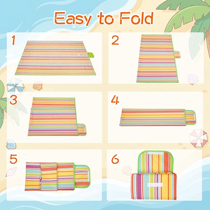 Shellwei 6 Pcs Beach Blankets Waterproof Sandproof Extra Large 80 x 60 Inch Outdoor Picnic Blankets Foldable Portable Beach Mat Tote Travel Supplies for Camping Park Grass(Rainbow Stripes)