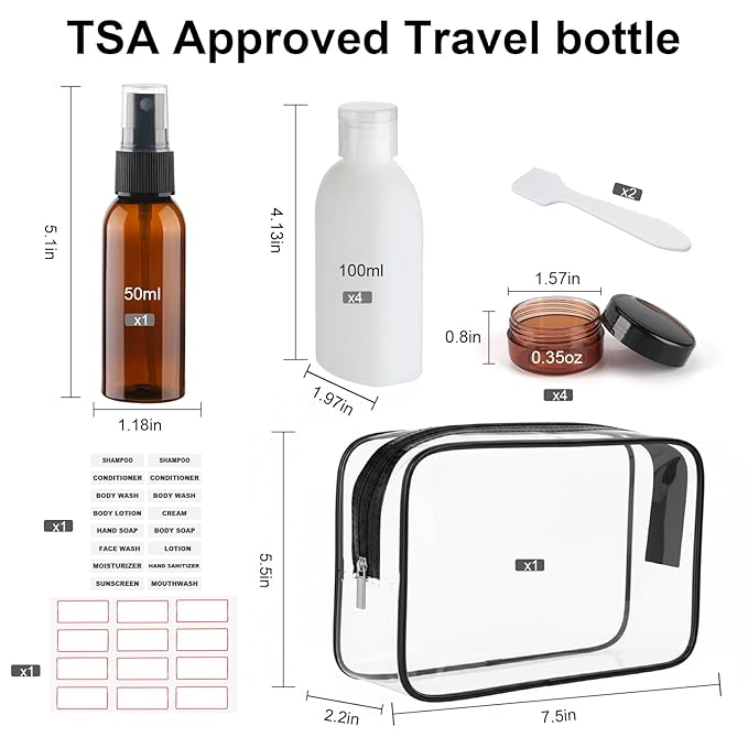 Travel Bottles for Toiletries 10 PCS 3.4oz TSA Approved Travel Shampoo Bottles Leak Proof Plastic Squeeze Bottle Small Cream Jars Refillable Spray Bottle for Shampoo Conditioner Toner