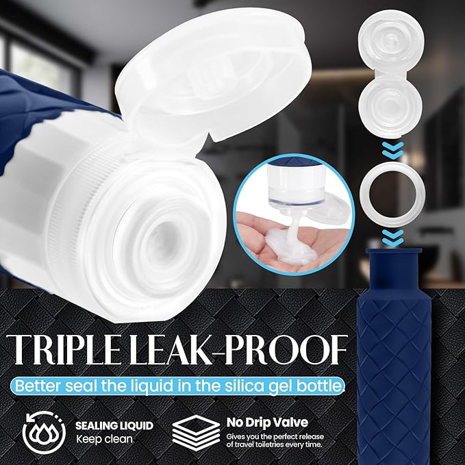 Travel Bottles for Toiletries, TSA Approved Silicone Travel Size Containers for Toiletries, BPA Free Leak Proof Refillable Essentials Accessories, Shampoo and Conditioner Bottles (Navy Blue)