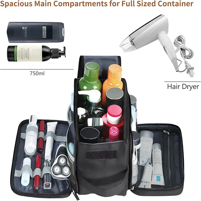 Buruis Extra Large Toiletry Bag for Men, Travel Toiletry Organizer Dopp Kit Water-resistant Shaving Bags, PU Leather Cosmetic Bathroom Shower Bag for Toiletries, Grooming, Accessories (Black)