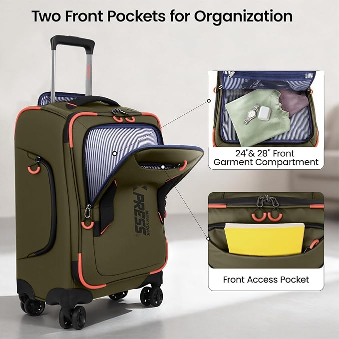 2-Piece Set（22in/26in） Front Opening,Softside Luggage Sets w/Double Spinner Wheels Suitcase,Waterproof,Lightweight Travel Luggage Rolling Suitcase（Green,22in/26in）
