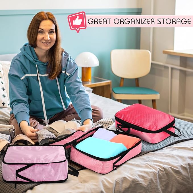 5 Pack Compression Packing Cubes for Travel Space Saving Cubes Luggage Organizer for Suitcase(Pink,M)