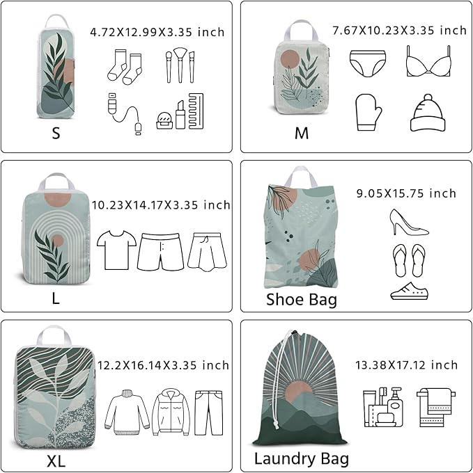 6 Pcs Compression Packing Cubes Waterproof Suitcase Travel Bag Luggage Backpack Organizer Travel Cubes for Packing-Bohemian