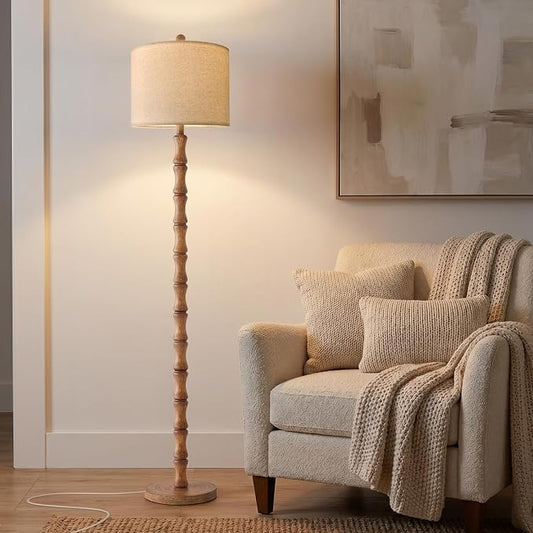 62" Farmhouse Floor Lamp for Living Room, Rustic Standing Lamp with Linen Shade and Rotary Switch, Resin Corner Floor Lamp for Bedroom, Dining Room, Office, Home Decor, Wood Grain