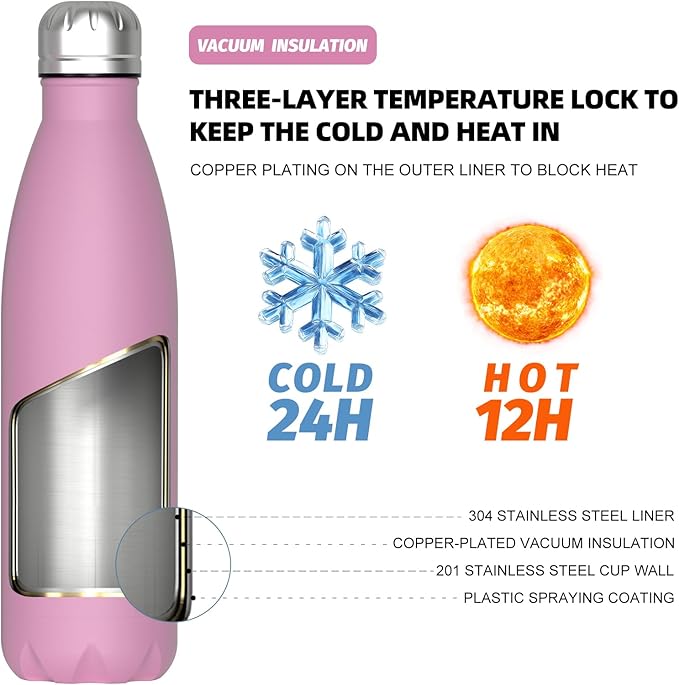 WATERSY Stainless Steel water bottles,17oz/500ml Insulated Water Bottles,Gloss Pink metal water bottle Keeps Drink Cold and Hot,BPA Free kids water bottles for School,Gym,Travel,Sports